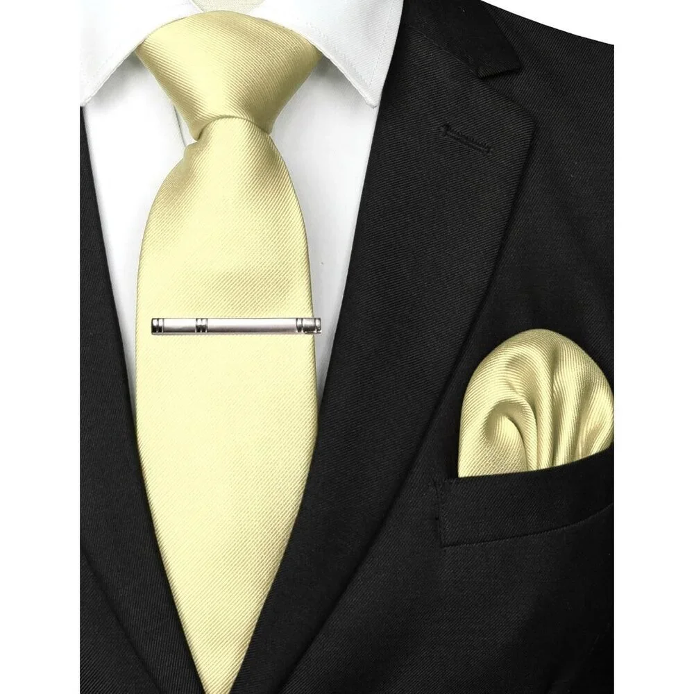 Men's Light Yellow Solid Color Formal Necktie And Pocket Square Tie Clip Sets